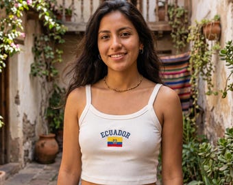 Ecuador Embroidered Square Neck Crop Tank Top, Ecuador Flag Soccer Ribbed Cami, Y2K Blockette Core Summer Top, Ecuador Football Fan Gif