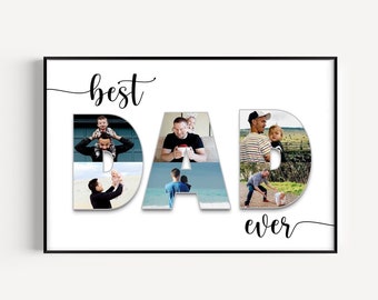 May include: A white framed photo collage with the word "DAD" in large letters. Each letter is made up of a different photo of a father and his child. The text "best" and "ever" are written in cursive above and below the letters.