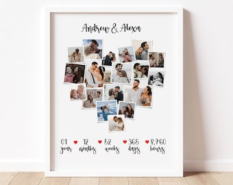 May include: A white framed photo collage of a couple's photos arranged in a heart shape. The names "Andrew & Alexa" are printed at the top of the collage. The text "01 year ♥ 12 months ♥ 52 weeks ♥ 365 days ♥ 8,760 hours" is printed below the collage.
