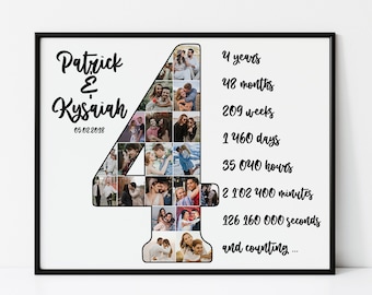 Personalized 4 Year Anniversary Gift for Husband, Custom 4th Anniversary Gift for Boyfriend, Number Photo Collage, Fourth Wedding Gift