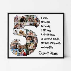 5th Anniversary Gift Photo Collage, 5 Year Anniversary, Fifth Anniversary, 5th Wedding Anniversary Gift, Number 5 Photo Collage, Five Years