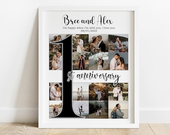 May include: A white framed photo collage with a black number one and the text "Bree and Alex" "I'm happy when I'm with you, I love you" "08/01/2022" "1st anniversary".