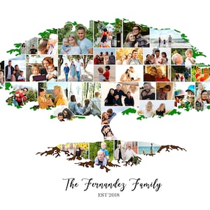 Pu&ograve; includere: Un collage di foto di famiglia a forma di albero verde con radici marroni e il testo "The Fernandez Family EST 2018" in basso.