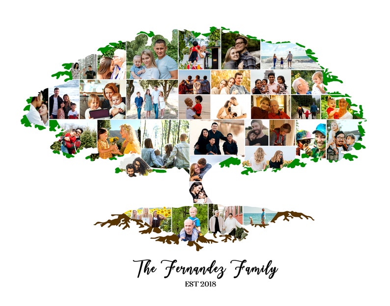 Pu&ograve; includere: Un collage di foto di famiglia a forma di albero verde con radici marroni e il testo "The Fernandez Family EST 2018" in basso.