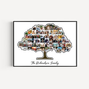 May include: A black and white photo collage of a family in the shape of a tree. The tree has a brown trunk and branches. The text "The Richardson Family" is written below the tree.