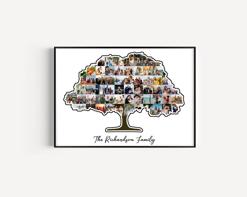 May include: A black and white photo collage of a family in the shape of a tree. The tree has a brown trunk and branches. The text "The Richardson Family" is written below the tree.