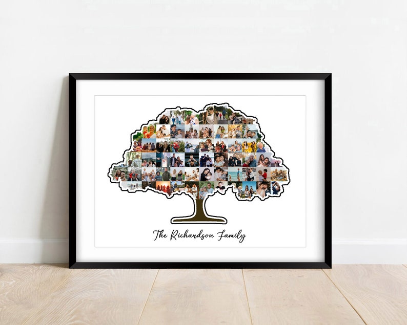 May include: A framed photo collage of a family tree with multiple pictures of people. The tree is made of photos and the text "The Richardson Family" is at the bottom of the image.