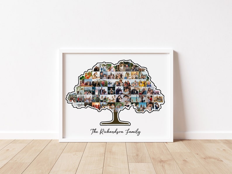 May include: A white framed photo collage of a family tree with a brown trunk and green leaves. The leaves are made up of many small photos of the family. The text "The Richardson Family" is printed below the tree.