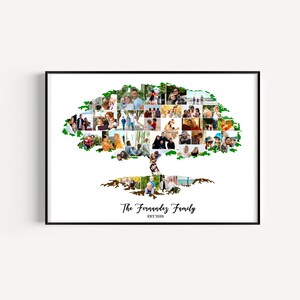 Pu&ograve; includere: Un collage di foto a forma di albero con foglie verdi e rami marroni. Il collage presenta foto di una famiglia, con il testo "The Fernandez Family Est 2018" in basso.