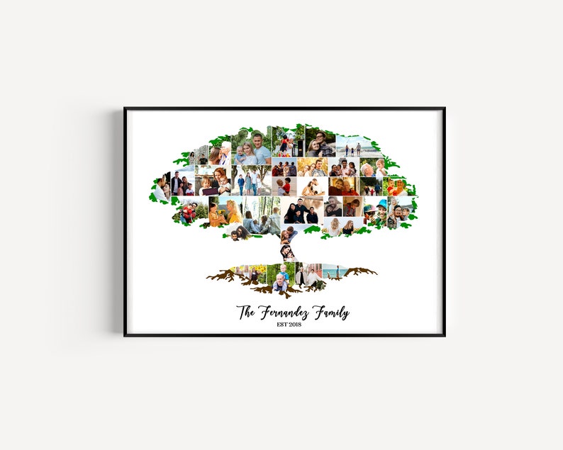 Pu&ograve; includere: Un collage di foto a forma di albero con foglie verdi e rami marroni. Il collage presenta foto di una famiglia, con il testo "The Fernandez Family Est 2018" in basso.
