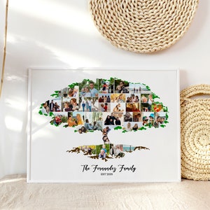 Pu&ograve; includere: Un collage di foto incorniciato bianco di un albero genealogico con foto di una famiglia. L'albero &egrave; fatto di foglie verdi e le radici sono marroni. Il testo "The Fernandes Family Est 2008" &egrave; in fondo alla foto.