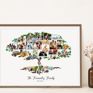 Pu&ograve; includere: Un collage di foto incorniciato di un albero genealogico con foto di una famiglia in diverse ambientazioni. L'albero &egrave; fatto di foglie verdi e le radici sono marroni. Il testo "The Fernandez Family Est 2008" &egrave; in fondo al collage.