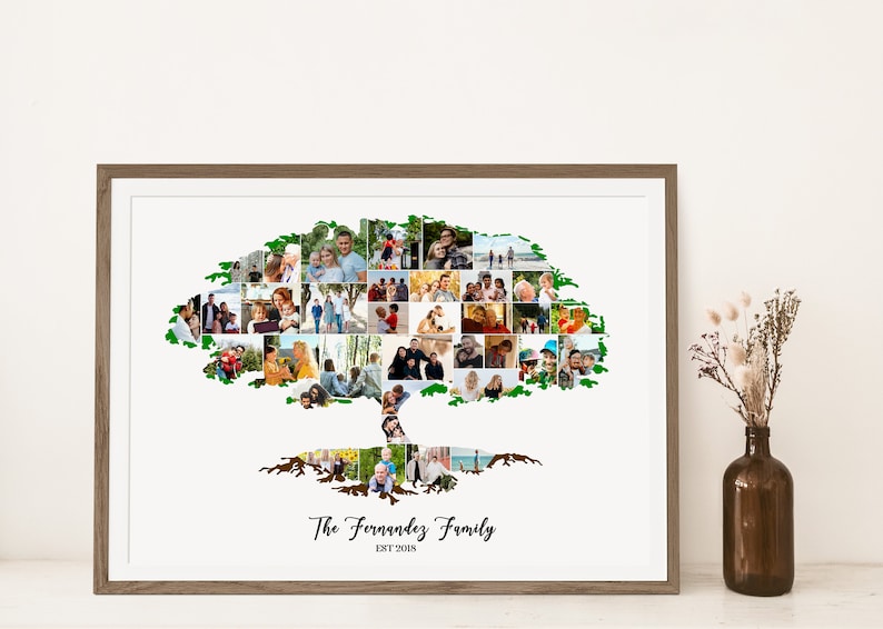 Pu&ograve; includere: Un collage di foto incorniciato di un albero genealogico con foto di una famiglia in diverse ambientazioni. L'albero &egrave; fatto di foglie verdi e le radici sono marroni. Il testo "The Fernandez Family Est 2008" &egrave; in fondo al collage.