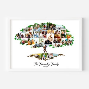Pu&ograve; includere: Un collage di foto di una famiglia a forma di albero verde. Le foto di famiglia sono disposte in una griglia, con i nomi "The Fernandez Family" ed "Est 2018" in basso.