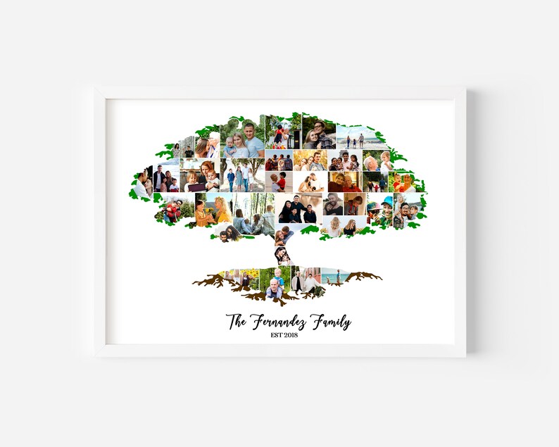 Pu&ograve; includere: Un collage di foto di una famiglia a forma di albero verde. Le foto di famiglia sono disposte in una griglia, con i nomi "The Fernandez Family" ed "Est 2018" in basso.