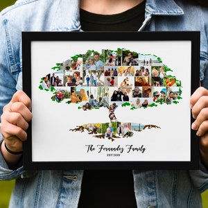 Pu&ograve; includere: Un collage di foto incorniciato di un albero genealogico con pi&ugrave; foto di persone in varie pose e ambientazioni. L'albero &egrave; fatto di foto e ha radici marroni e foglie verdi. Il testo "The Fernandez Family Est. 2008" &egrave; in fondo alla foto.
