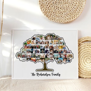 May include: A white framed photo collage of a family tree with a brown trunk and green leaves. The collage is made up of many small photos of the family. The text "The Richardson Family" is printed below the tree.