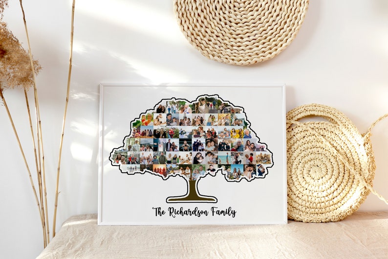 May include: A white framed photo collage of a family tree with a brown trunk and green leaves. The collage is made up of many small photos of the family. The text "The Richardson Family" is printed below the tree.