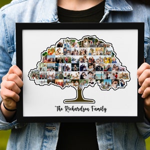 May include: A framed photo collage of a family tree, with photos of family members arranged in the shape of a tree. The text "The Richardson Family" is printed below the tree.