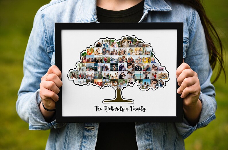 May include: A framed photo collage of a family tree, with photos of family members arranged in the shape of a tree. The text "The Richardson Family" is printed below the tree.