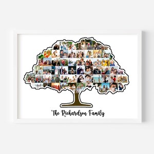 May include: A photo collage of a family in the shape of a tree. The tree is brown and has a green trunk. The text "The Richardson Family" is below the tree.