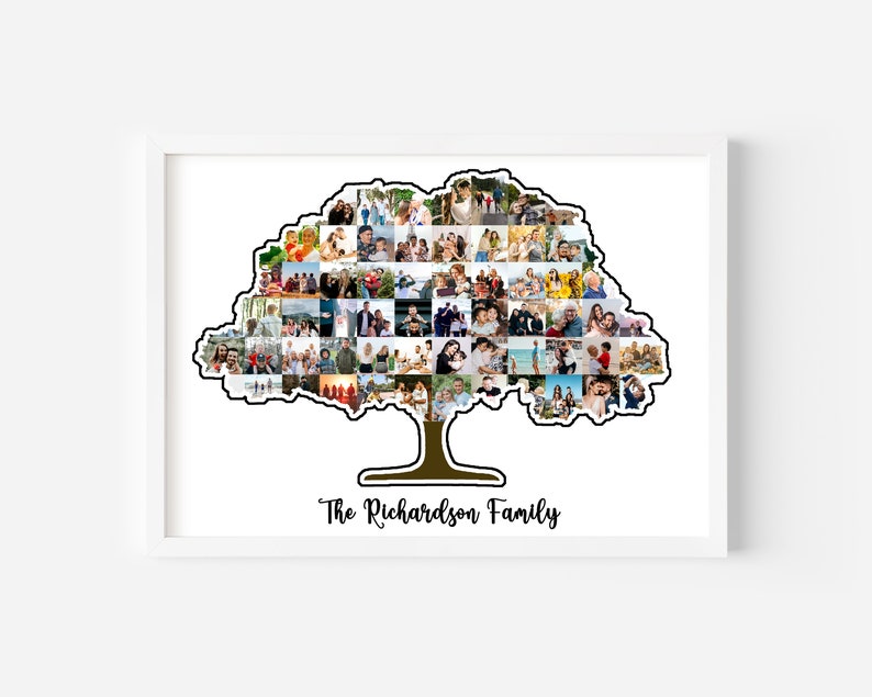 May include: A photo collage of a family in the shape of a tree. The tree is brown and has a green trunk. The text "The Richardson Family" is below the tree.