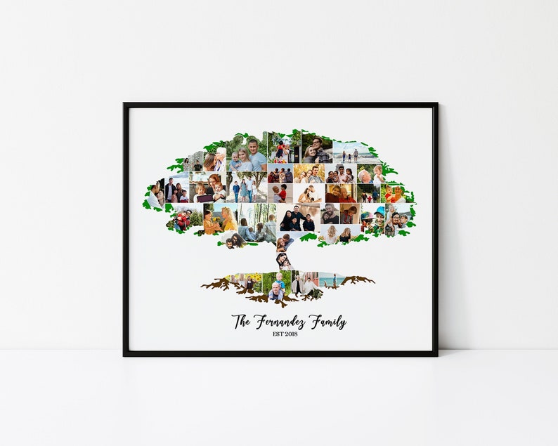 Pu&ograve; includere: Un collage fotografico incorniciato in nero di un albero genealogico con foto di una famiglia a forma di albero verde. Il testo "The Fernandez Family EST 2018" &egrave; in fondo alla foto.