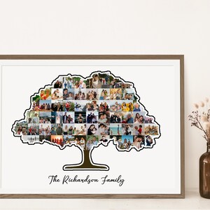 May include: A framed photo collage of a family tree with a brown trunk and green leaves. The collage is made up of many small photos of the family. The text "The Richardson Family" is printed below the tree.
