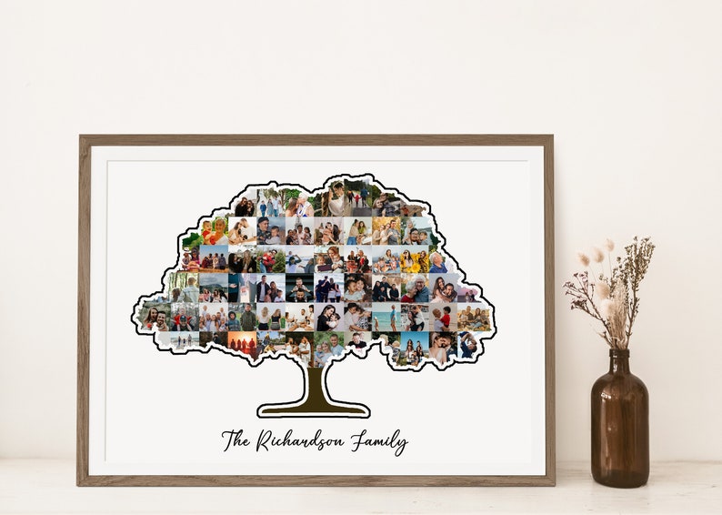 May include: A framed photo collage of a family tree with a brown trunk and green leaves. The collage is made up of many small photos of the family. The text "The Richardson Family" is printed below the tree.
