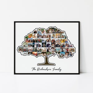 May include: A black and white photo collage of a family in the shape of a tree. The tree has a brown trunk and green leaves. The text "The Richardson Family" is written below the tree.