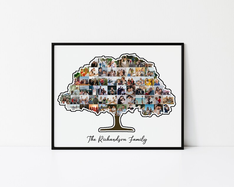 May include: A black and white photo collage of a family in the shape of a tree. The tree has a brown trunk and green leaves. The text "The Richardson Family" is written below the tree.