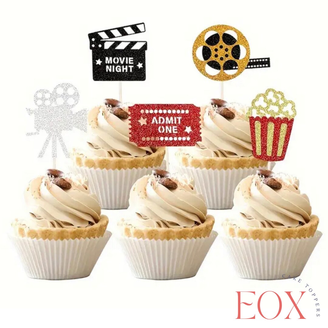 Movie Cupcake Toppers X5 Glitter Movie, Night Roll Camera Popcorn ...