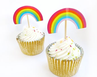 Rainbow cupcake toppers x12, party decorations, cake toppers, Girl birthday, colourful party ideas, pink rainbows