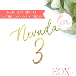 May include: Gold glitter cake topper featuring the word "Nevada" and the number "3" in a cursive script. The topper is set against a white background with a pink banner that reads "Same Day Dispatch" and "Multiple Colour Options".