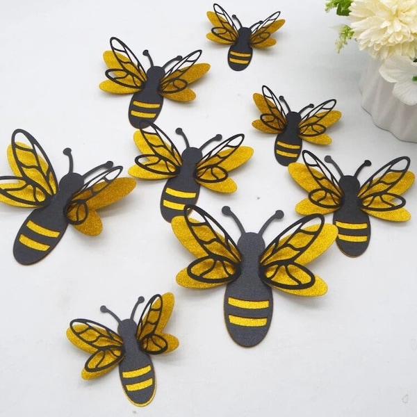 12 Pack Mixed Size Glitter Bumblebees / Cake Decoration, Cake Topper, Cupcake, Gold, Gold Glitter, Bee, Honey, Wall Decor, Party, Home,