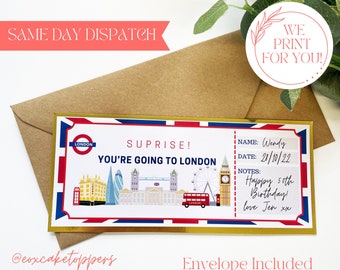 LONDON Personalised Travel Ticket, You’re going to London! Surprise Gift, Holiday Voucher, City Break Surprise, Birthday Present, Holiday