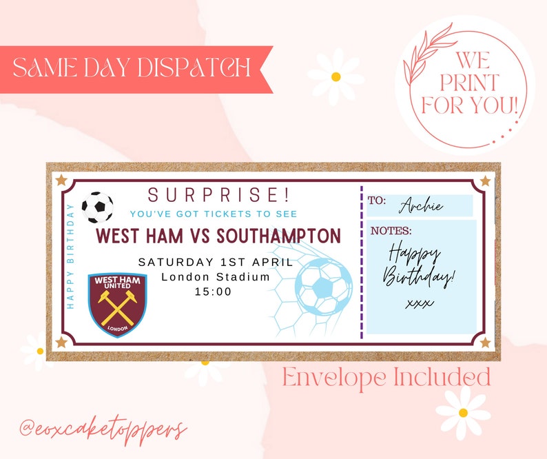 FOOTBALL Personalised Ticket, Football Match, Surprise Gift, Football Voucher, Birthday Surprise, Birthday Present, Football Team, Soccer, image 2