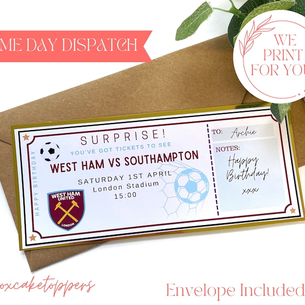 FOOTBALL Personalised Ticket, Football Match, Surprise Gift, Football Voucher, Birthday Surprise, Birthday Present, Football Team, Soccer,