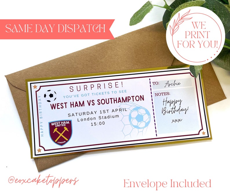 FOOTBALL Personalised Ticket, Football Match, Surprise Gift, Football Voucher, Birthday Surprise, Birthday Present, Football Team, Soccer, image 1