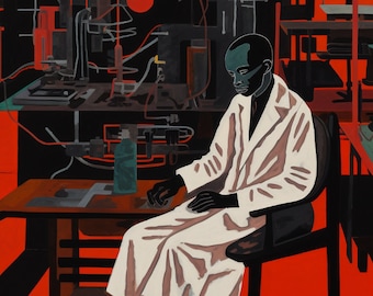 May include: An abstract painting of a person in a white lab coat seated at a desk in a laboratory setting. The background features machinery, red accents, and a window. The color palette includes black, red, and gray.