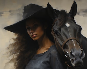 Black Woman And Horse Fine Art Print With Mat, African American Art, Black Art, Horse riding fine art, Fashion illustration, Black model,