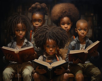 Black Children Reading Fine Art Print With Mat, African American Art, Black Art, Urban Art, black wall art, african american wall decor
