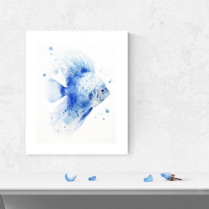 Abstract Blue Fish Fine Art Print, Coastal Room Decor, Beach Picture Wall Decor, Watercolor Art, Beach House Art, Blue Fish Painting