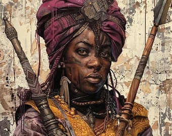 May include: A woman with dark skin and braided hair wears a purple turban with gold accents. She holds a spear and a sword, both with intricate designs. Her clothing is a mix of gold and purple with intricate patterns.