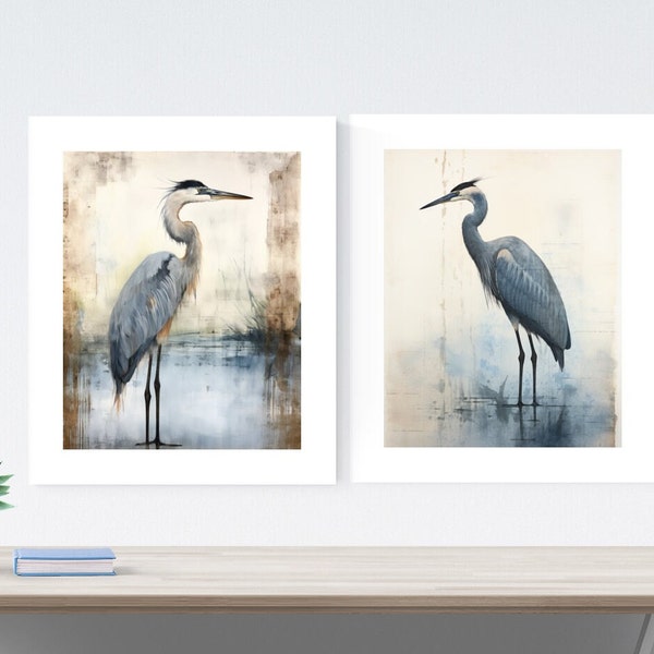 Great Blue Heron Set of 2 Matted Prints, Watercolor Painting, Minimalist Coastal Room Decor, Marsh Bird Picture, Minimalist Modern Fine Art