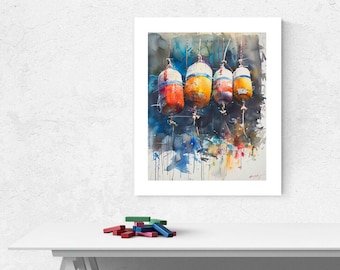 Lobster Buoys Watercolor Abstract, Colorful Nautical Print, Minimalist Wall Decor, Watercolor Artwork, Cape Cod Art, Coastal Wall Decor