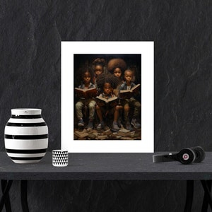 May include: Five young children sit on a pile of books, each holding a book and looking at it. They are all wearing casual clothing and have dark skin and hair. The image is a painting.