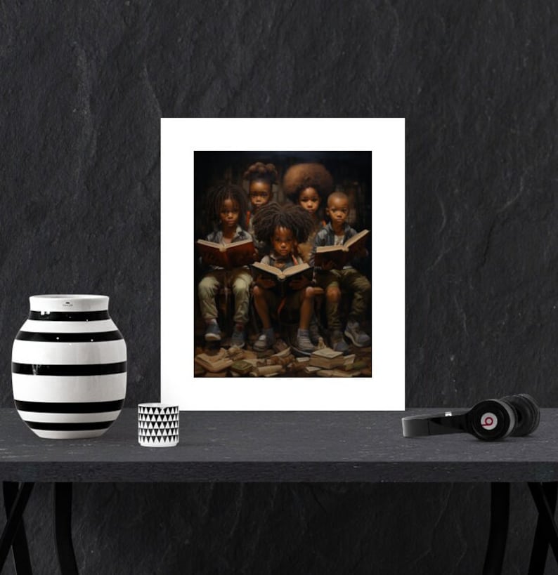 May include: Five young children sit on a pile of books, each holding a book and looking at it. They are all wearing casual clothing and have dark skin and hair. The image is a painting.