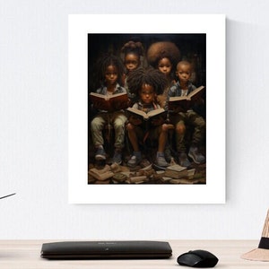 May include: A framed painting of six Black children sitting on a pile of books, each holding a book and looking at the viewer. The children are wearing casual clothing and have dark brown skin and dark hair. The painting is set against a dark background.