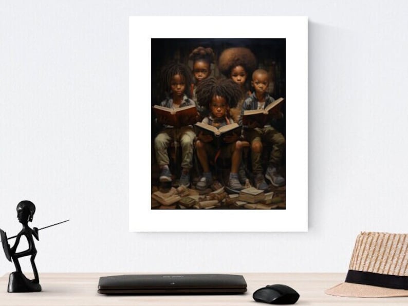May include: A framed painting of six Black children sitting on a pile of books, each holding a book and looking at the viewer. The children are wearing casual clothing and have dark brown skin and dark hair. The painting is set against a dark background.